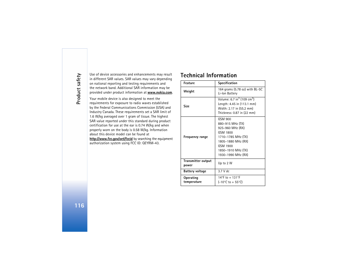 Technical information, Pr odu ct safe ty | Nokia N91 User Manual | Page 117 / 257