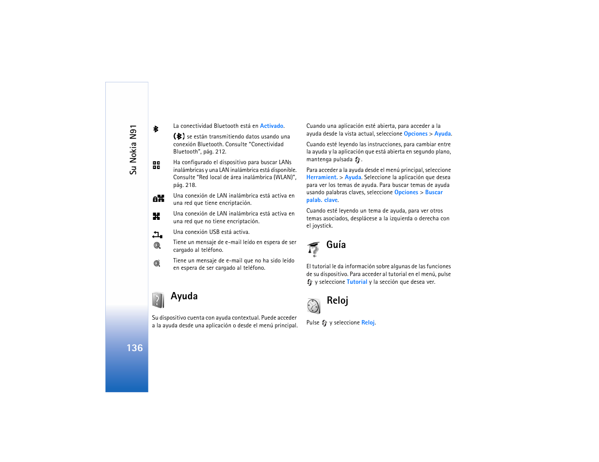 Ayuda, Guía, Reloj | Ayuda guía reloj | Nokia N91 User Manual | Page 137 / 257