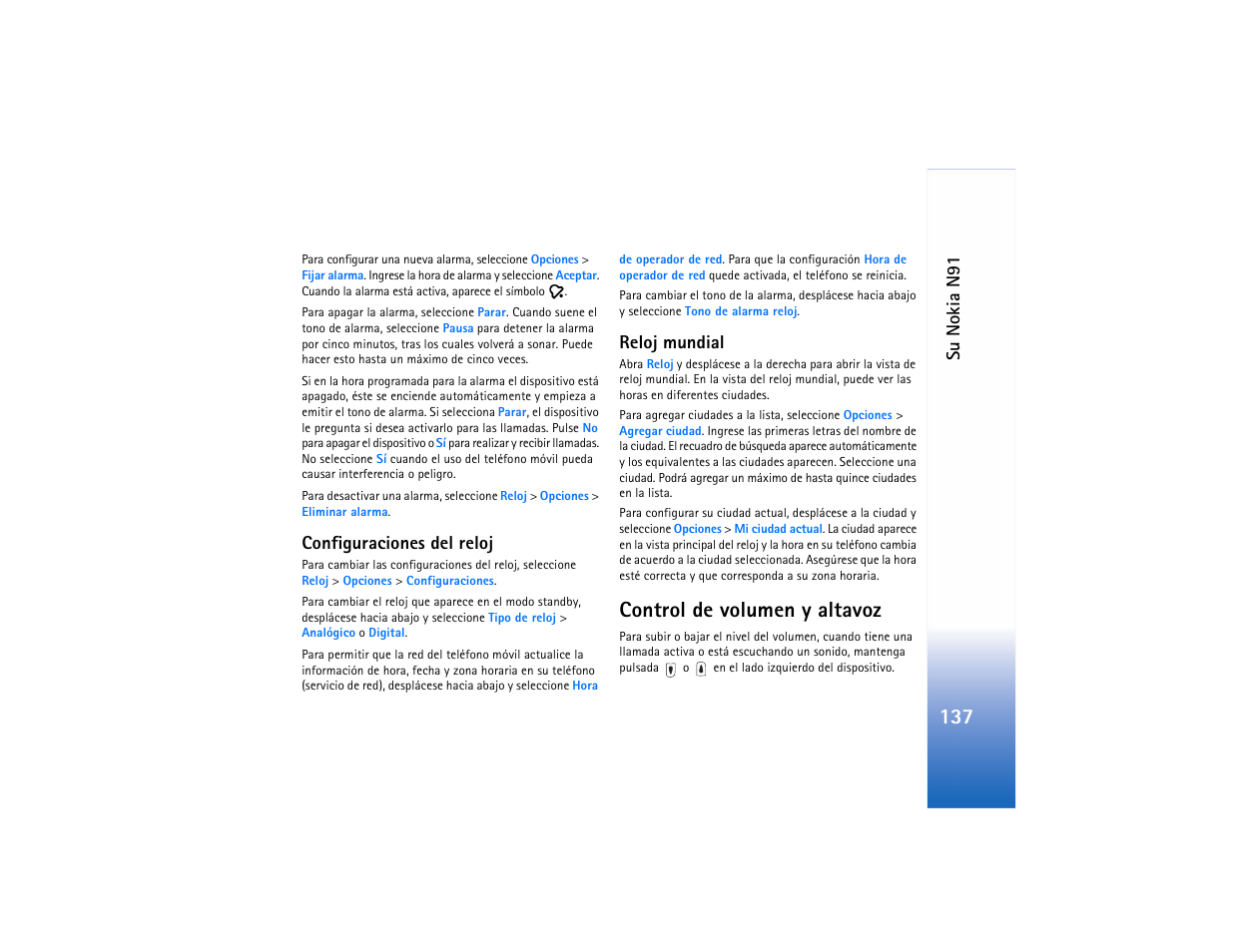 Configuraciones del reloj, Reloj mundial, Control de volumen y altavoz | Configuraciones del reloj reloj mundial, Su nokia n91 | Nokia N91 User Manual | Page 138 / 257