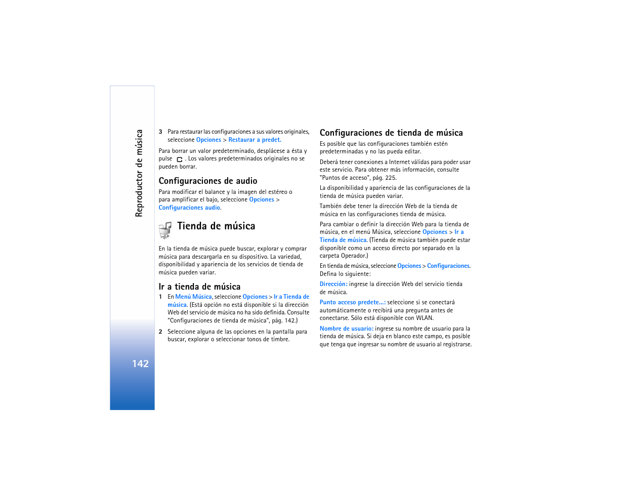 Configuraciones de audio, Tienda de música, Ir a tienda de música | Configuraciones de tienda de música | Nokia N91 User Manual | Page 143 / 257