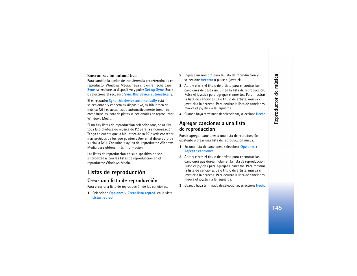 Listas de reproducción, Crear una lista de reproducción, Agregar canciones a una lista dereproducción | Nokia N91 User Manual | Page 146 / 257