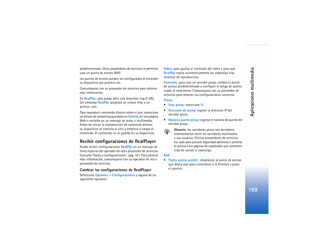 Recibir configuraciones de realplayer, Aplicac iones multimedia | Nokia N91 User Manual | Page 170 / 257