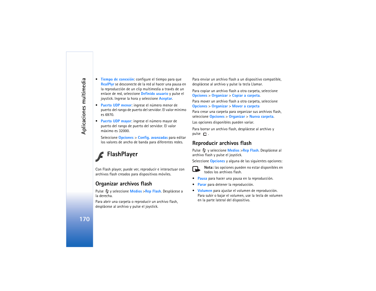 Flashplayer, Organizar archivos flash, Reproducir archivos flash | Organizar archivos flash reproducir archivos flash, Aplicac iones multimedia | Nokia N91 User Manual | Page 171 / 257