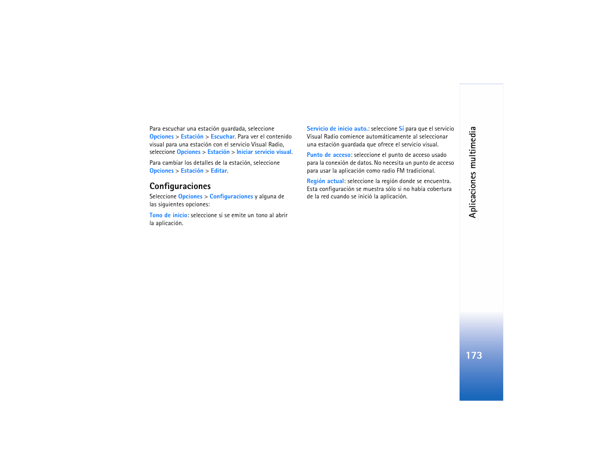 Configuraciones, Aplicac iones multimedia | Nokia N91 User Manual | Page 174 / 257
