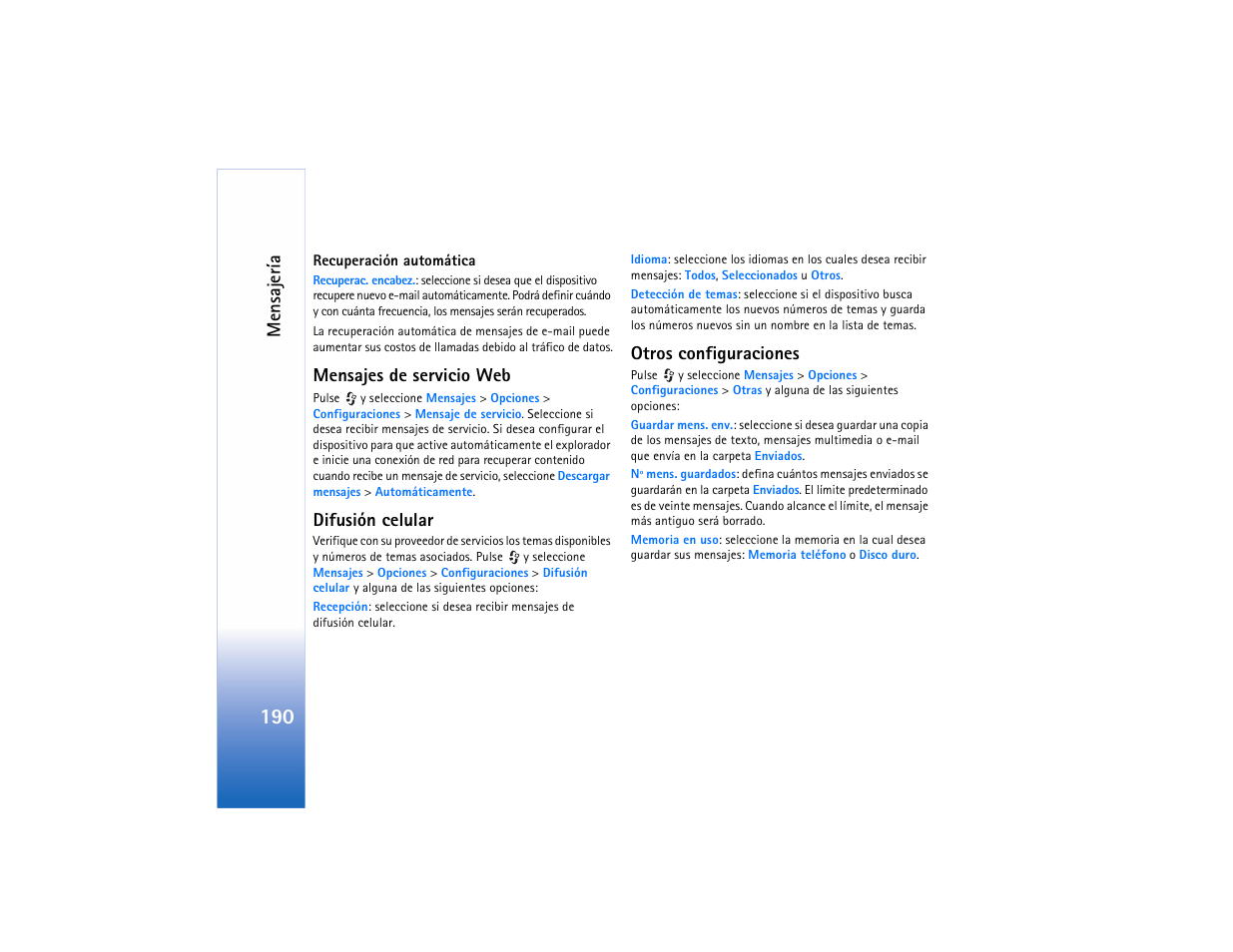 Mensajes de servicio web, Difusión celular, Otros | Otros configuraciones", pá, Mensaje ría, Otros configuraciones | Nokia N91 User Manual | Page 191 / 257