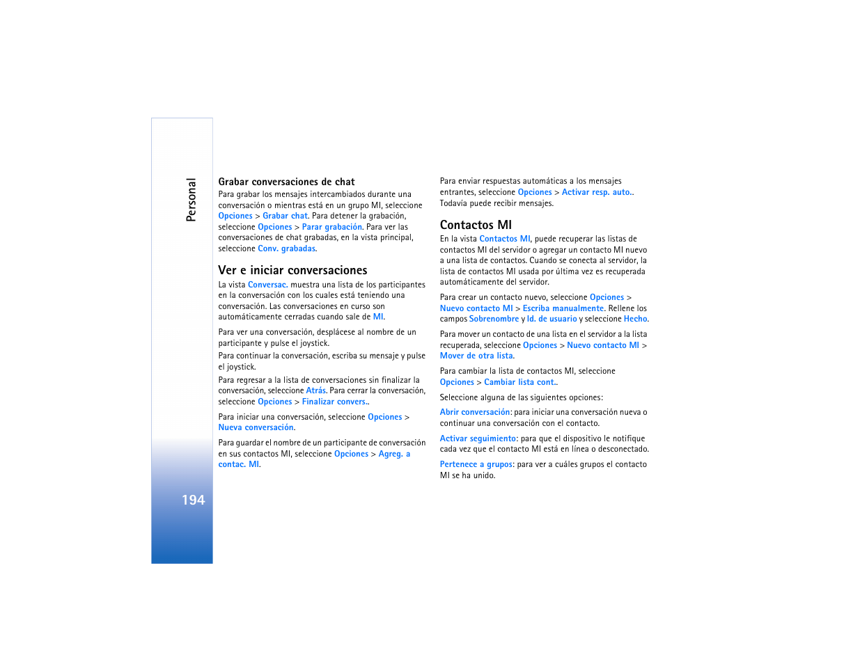 Ver e iniciar conversaciones, Contactos mi, Ver e iniciar conversaciones contactos mi | Personal | Nokia N91 User Manual | Page 195 / 257