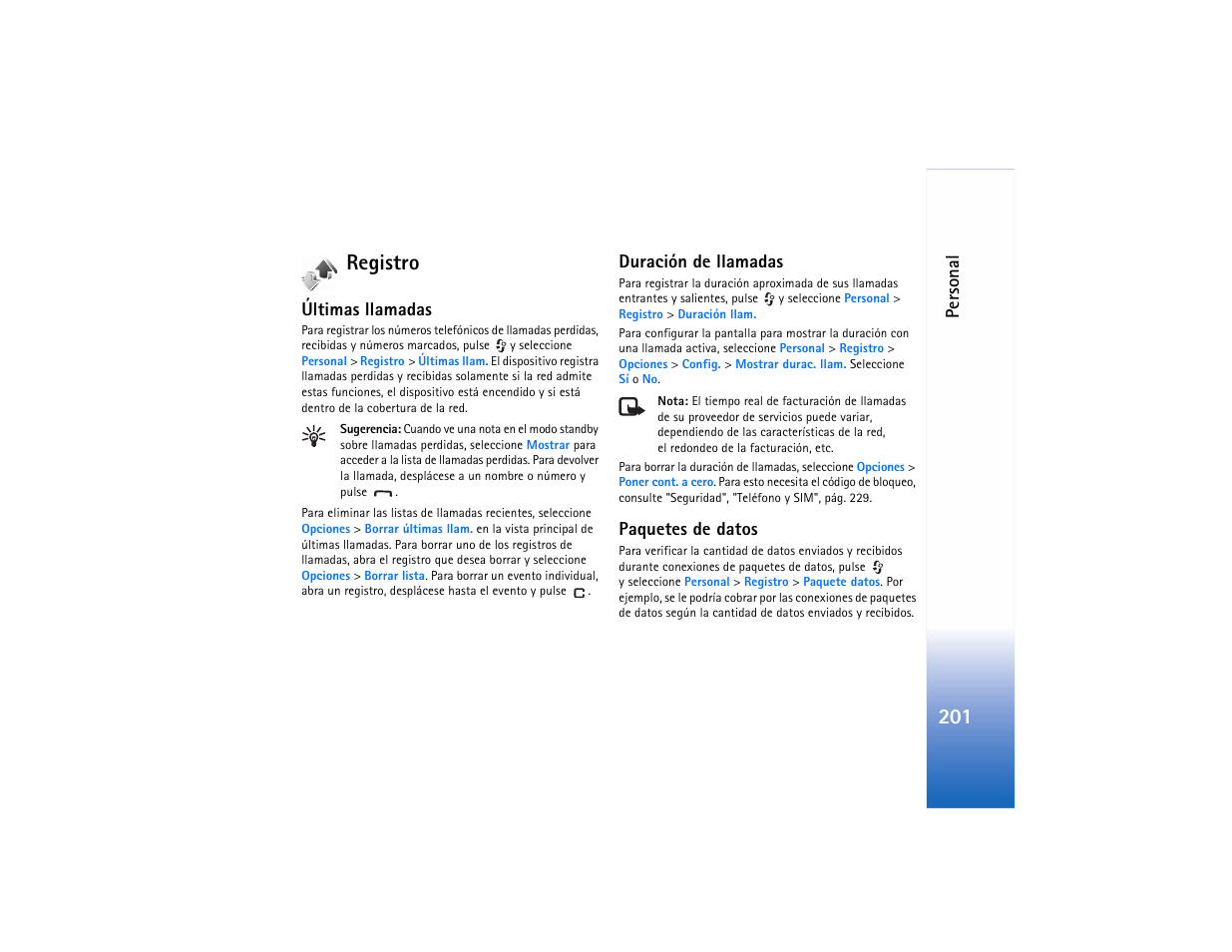 Registro, Últimas llamadas, Duración de llamadas | Paquetes de datos, 201 registro, Personal | Nokia N91 User Manual | Page 202 / 257