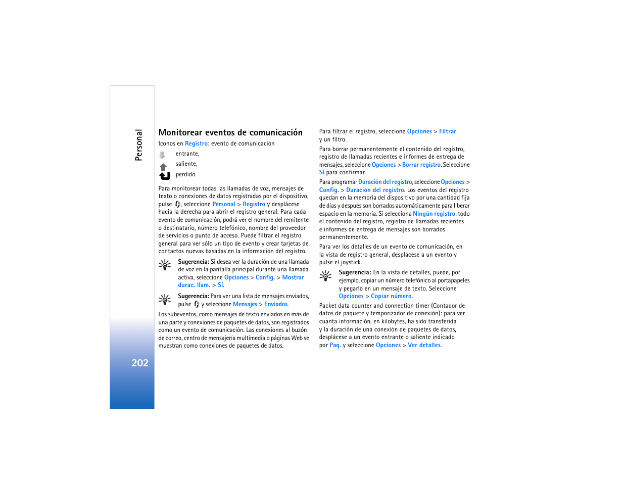 Monitorear eventos de comunicación, Personal | Nokia N91 User Manual | Page 203 / 257