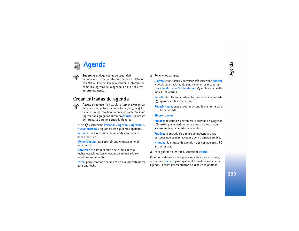 Agenda, Crear entradas de agenda | Nokia N91 User Manual | Page 204 / 257