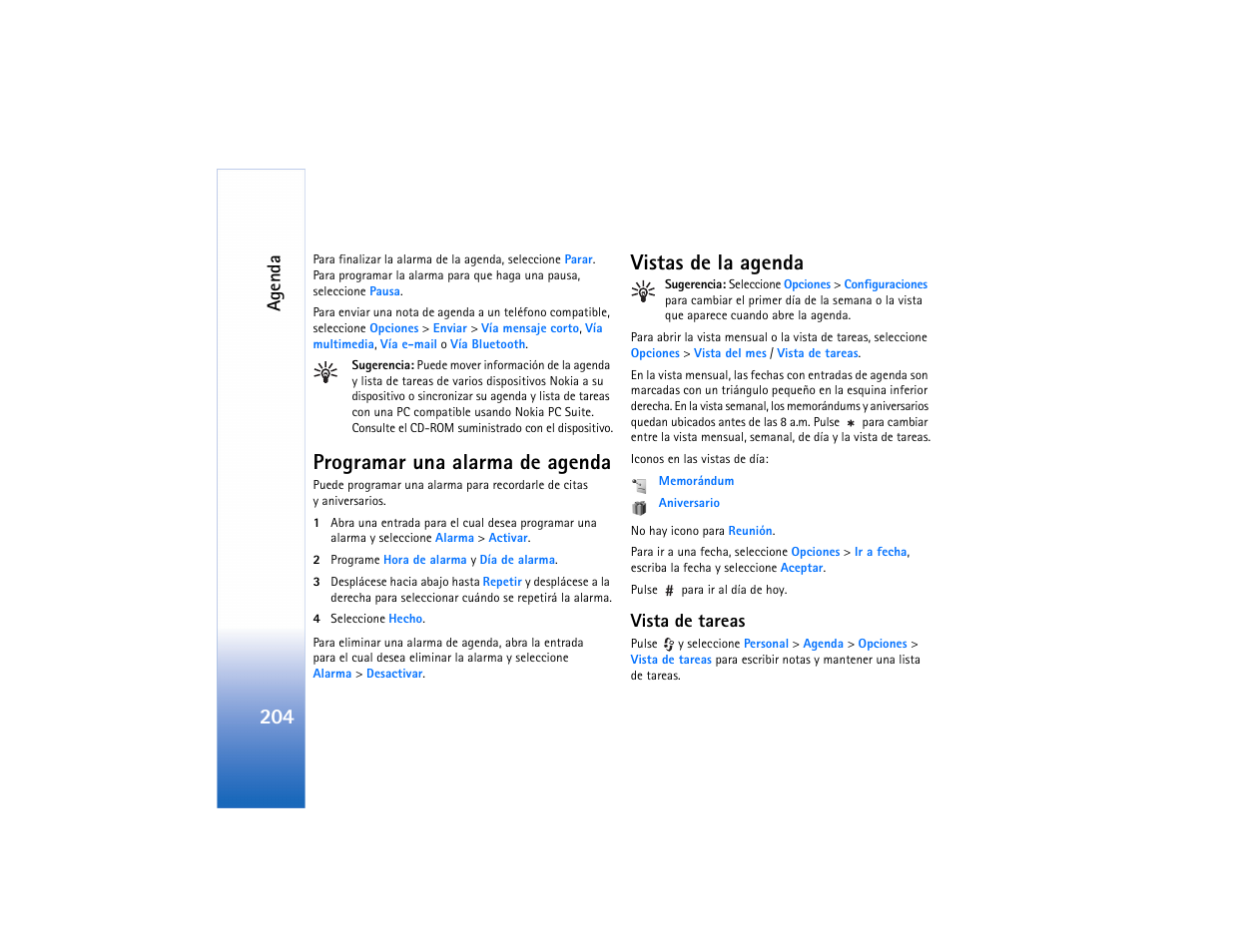 Programar una alarma de agenda, Vistas de la agenda, Vista de tareas | Programar una alarma de agenda vistas de la agenda, Agenda | Nokia N91 User Manual | Page 205 / 257