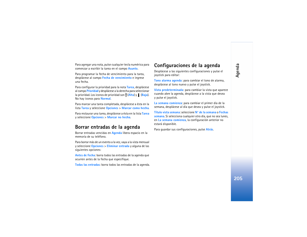 Borrar entradas de la agenda, Configuraciones de la agenda, Agenda | Nokia N91 User Manual | Page 206 / 257
