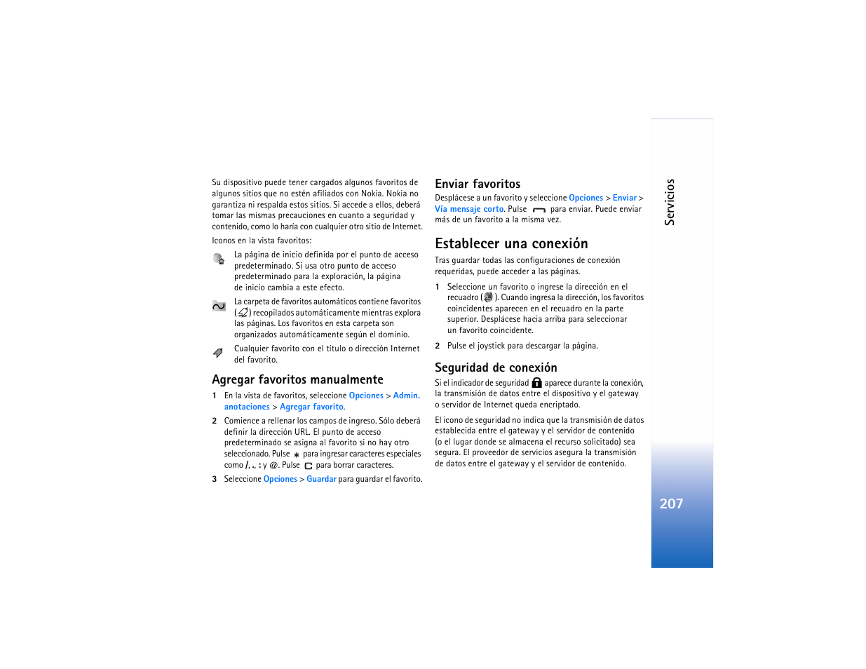 Agregar favoritos manualmente, Enviar favoritos, Establecer una conexión | Seguridad de conexión, Agregar favoritos manualmente enviar favoritos | Nokia N91 User Manual | Page 208 / 257