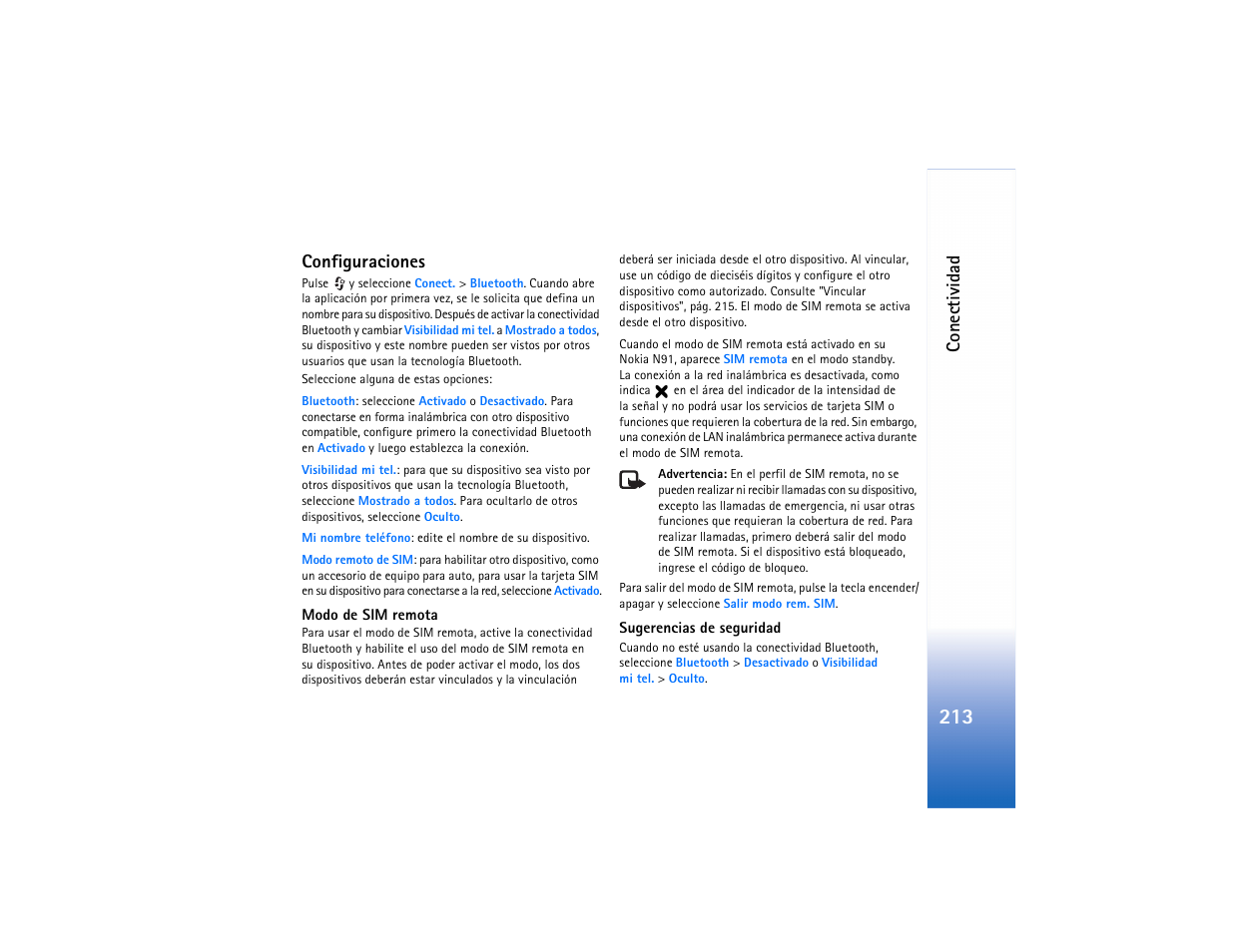 Configuraciones, Conectividad | Nokia N91 User Manual | Page 214 / 257