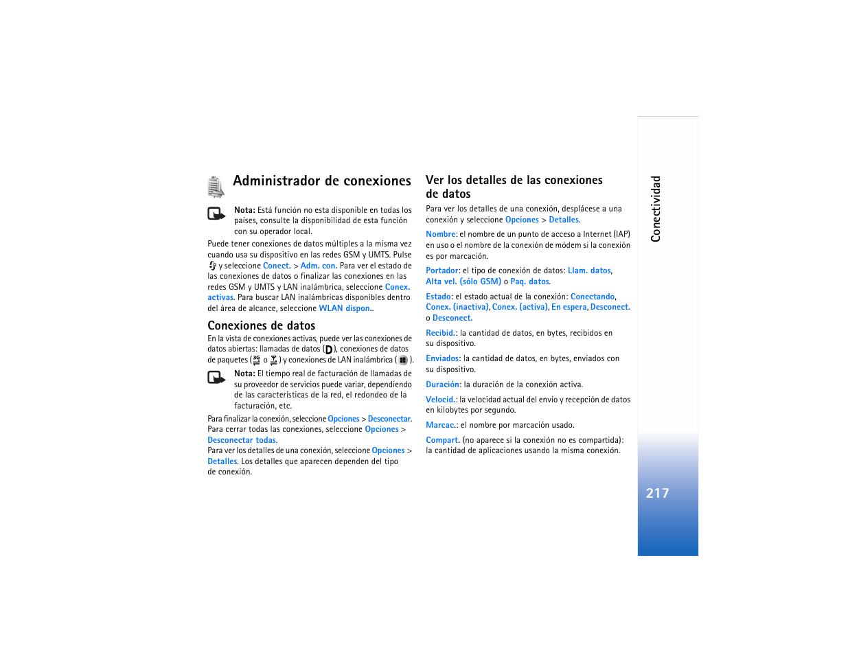 Administrador de conexiones, Conexiones de datos, Ver los detalles de las conexiones dedatos | 217 administrador de conexiones, Conectividad, Ver los detalles de las conexiones de datos | Nokia N91 User Manual | Page 218 / 257