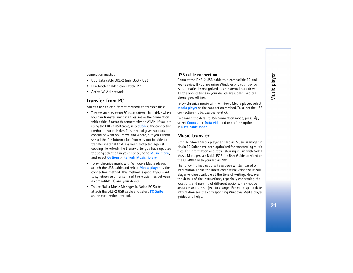 Transfer from pc, Music transfer, Transfer from pc music transfer | Music playe r | Nokia N91 User Manual | Page 22 / 257