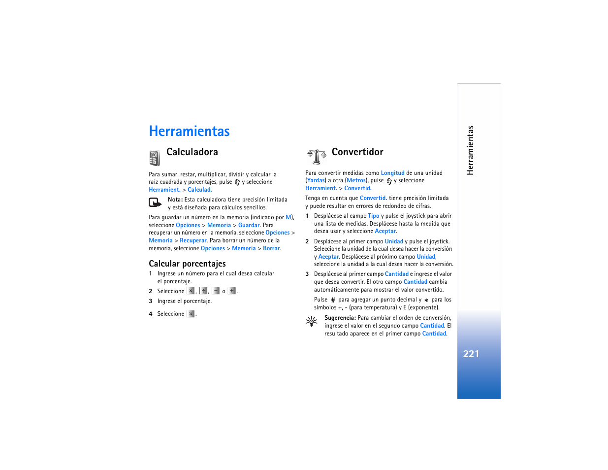 Herramientas, Calculadora, Calcular porcentajes | Convertidor | Nokia N91 User Manual | Page 222 / 257