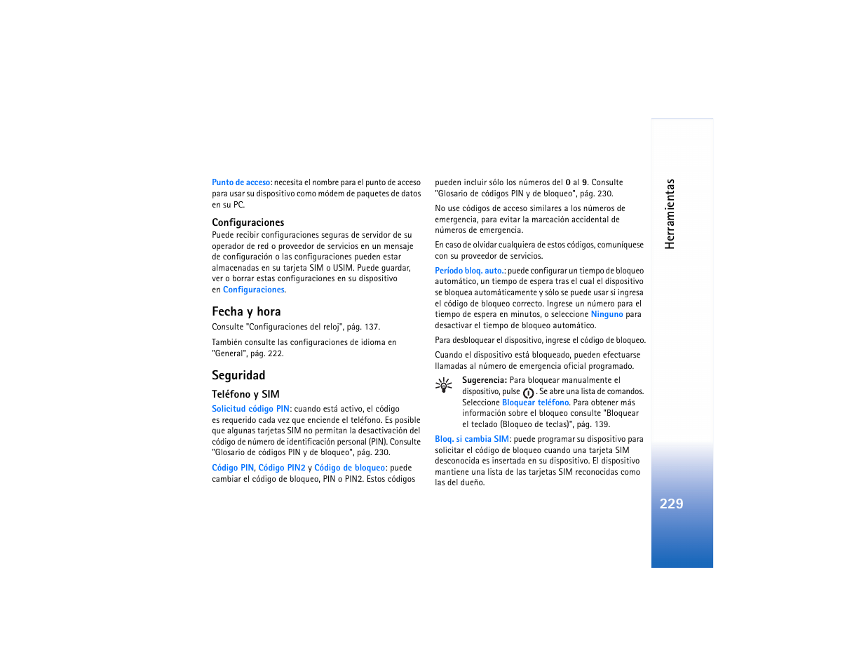 Fecha y hora, Seguridad, Fecha y hora seguridad | Seguridad", "teléfono y sim | Nokia N91 User Manual | Page 230 / 257
