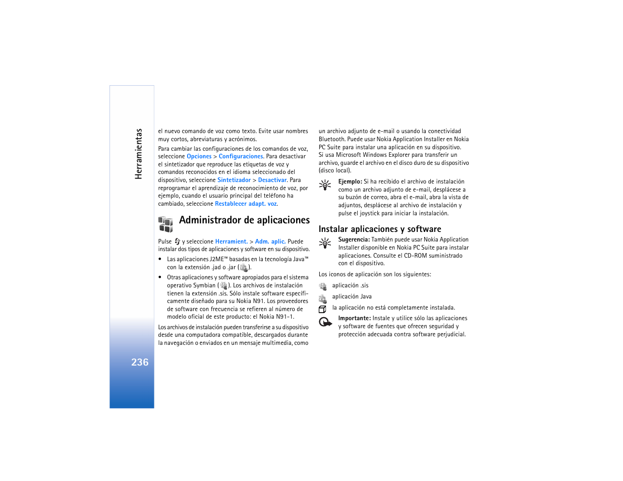 Administrador de aplicaciones, Instalar aplicaciones y software | Nokia N91 User Manual | Page 237 / 257