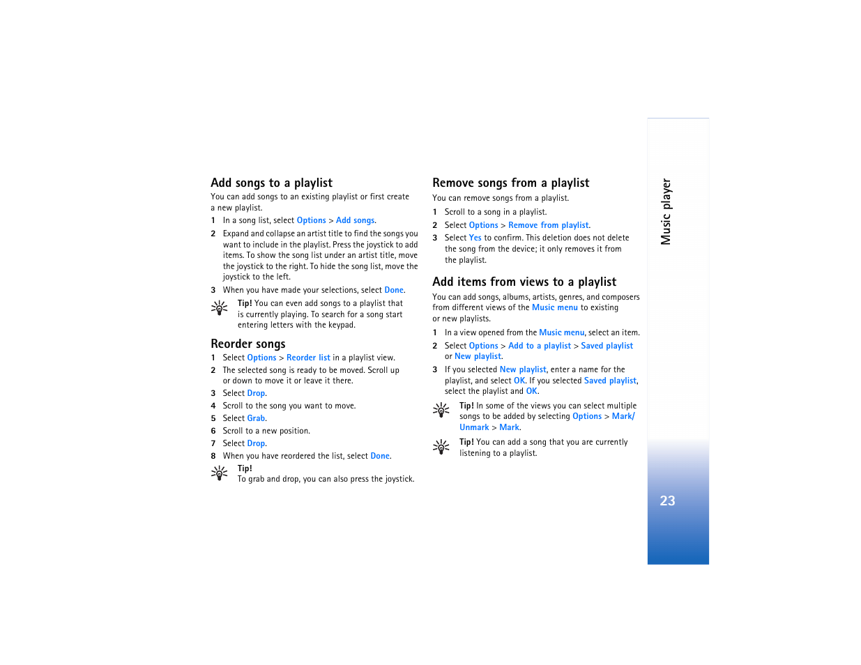 Add songs to a playlist, Reorder songs, Remove songs from a playlist | Add items from views to a playlist, Music playe r | Nokia N91 User Manual | Page 24 / 257