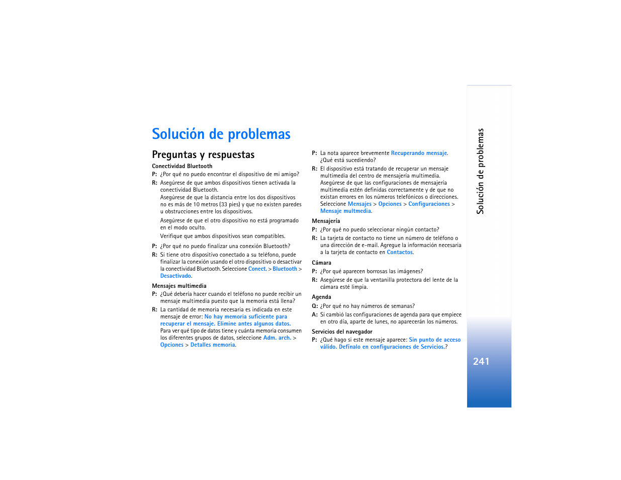 Solución de problemas, Preguntas y respuestas, Soluc ión d e pr oblemas | Nokia N91 User Manual | Page 242 / 257