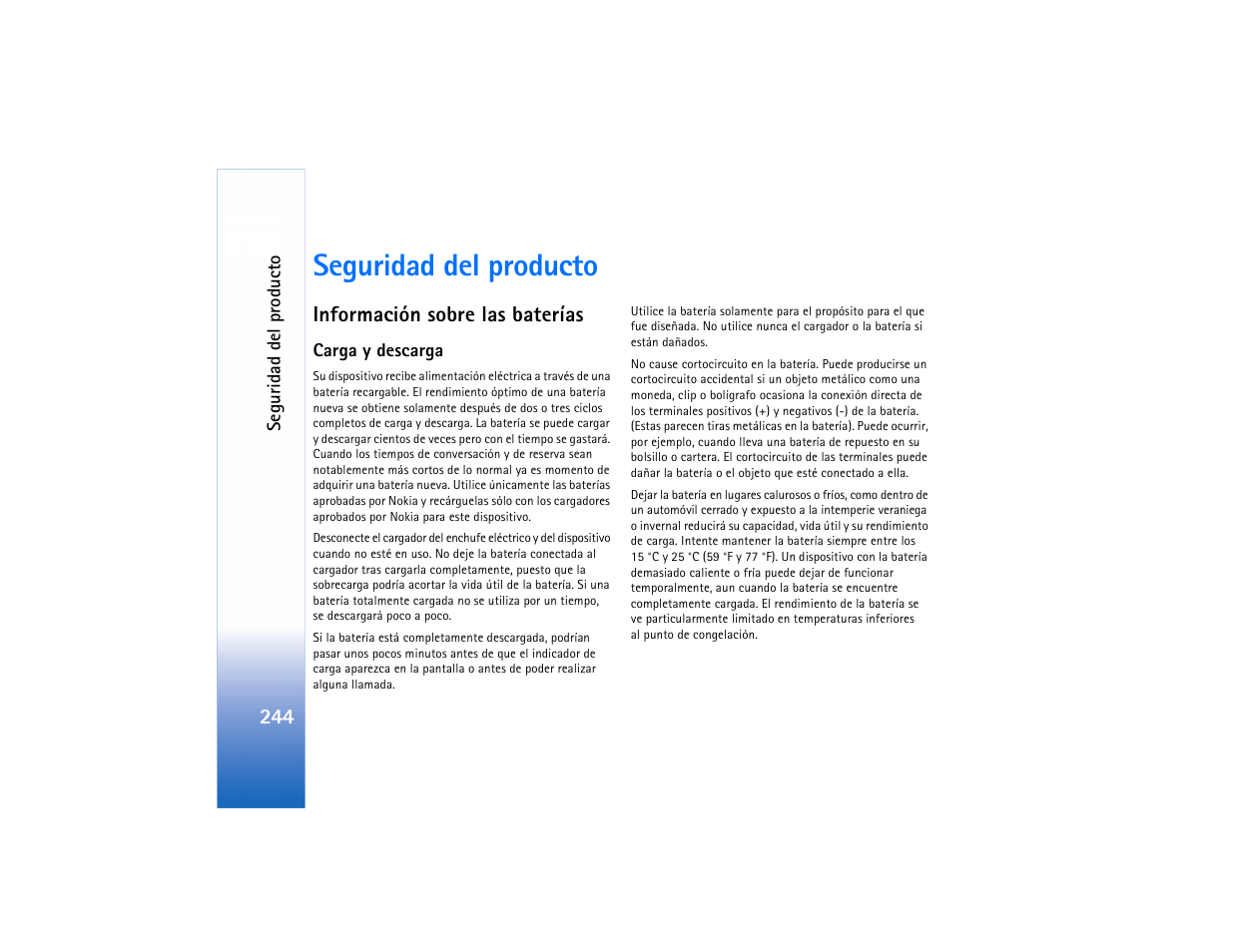Seguridad del producto, Información sobre las baterías, Carga y descarga | Nokia N91 User Manual | Page 245 / 257