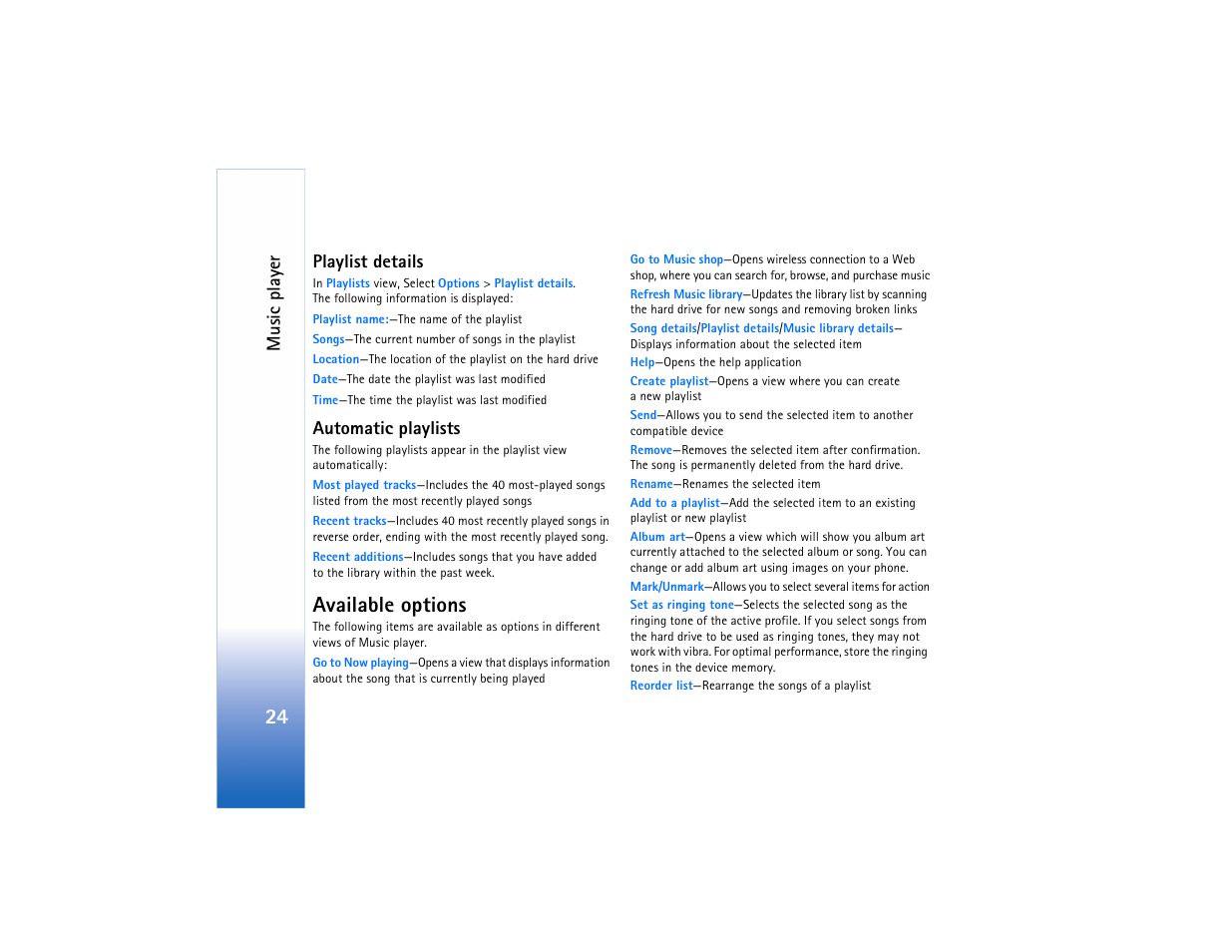 Playlist details, Automatic playlists, Available options | Playlist details automatic playlists, Music playe r | Nokia N91 User Manual | Page 25 / 257