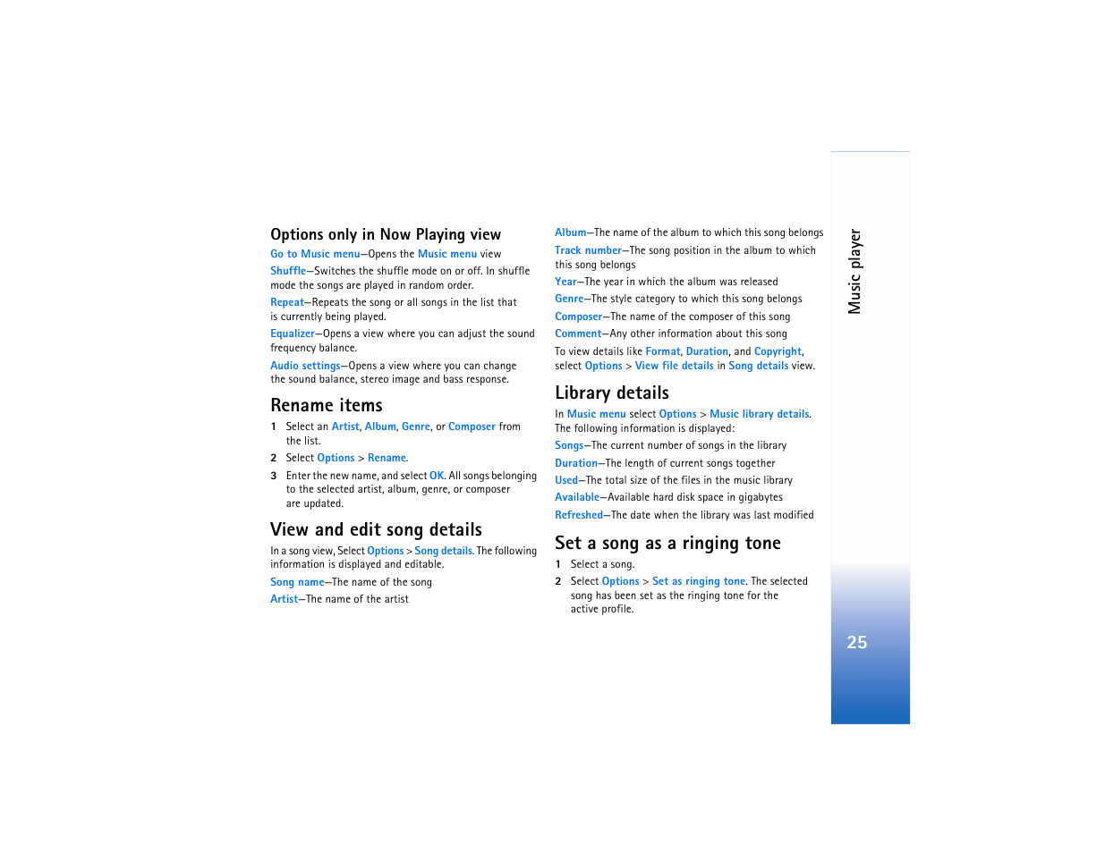 Options only in now playing view, Rename items, View and edit song details | Library details, Set a song as a ringing tone, Music playe r | Nokia N91 User Manual | Page 26 / 257