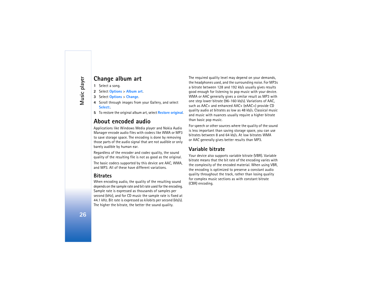Change album art, About encoded audio, Bitrates | Variable bitrate, Change album art about encoded audio, Bitrates variable bitrate, 26 change album art | Nokia N91 User Manual | Page 27 / 257