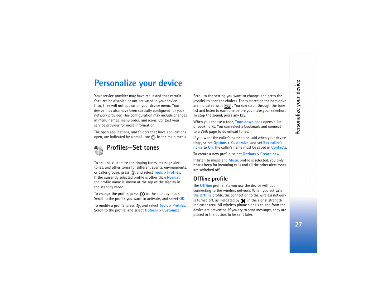 Personalize your device, Profiles, Offline profile | Profiles—set tones, P. 27 | Nokia N91 User Manual | Page 28 / 257