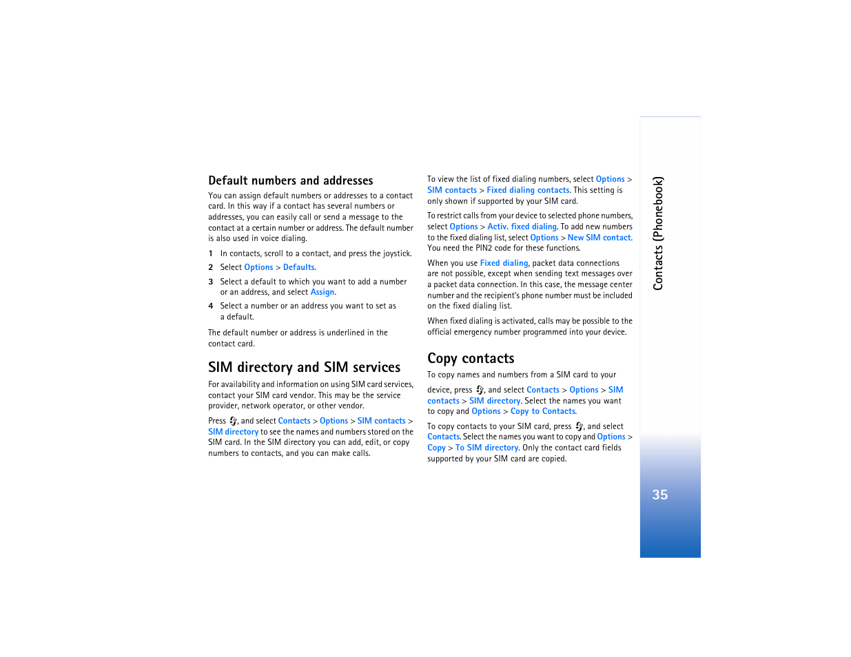 Default numbers and addresses, Sim directory, Copy contacts | Sim directory and sim services copy contacts, Sim directory and sim services, Co n tact s (phone book) | Nokia N91 User Manual | Page 36 / 257