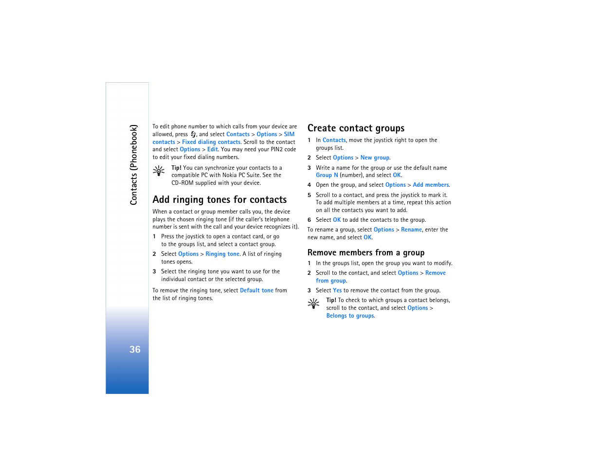 Add ringing tones for contacts, Create contact groups, Remove members from a group | Create contact groups,” p. 36, Co n tact s (phone book) | Nokia N91 User Manual | Page 37 / 257
