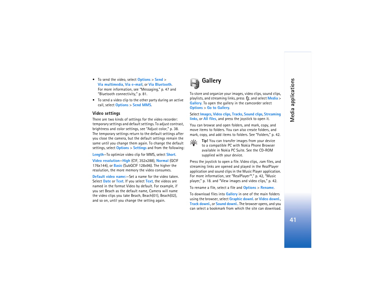 Gallery, Gallery,” p. 41, Me dia a ppli cations | Nokia N91 User Manual | Page 42 / 257