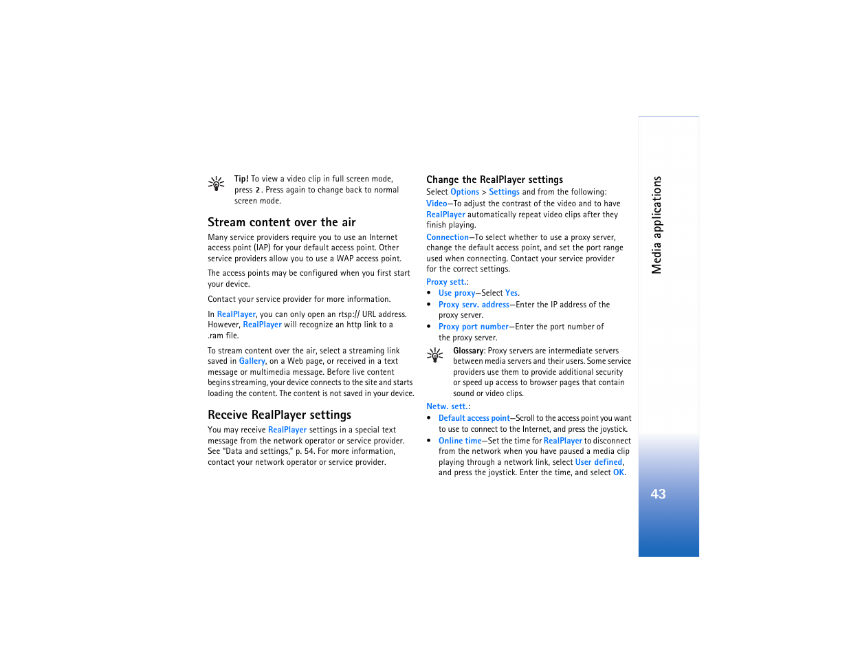 Stream content over the air, Receive realplayer settings, Me dia a ppli cations | Nokia N91 User Manual | Page 44 / 257