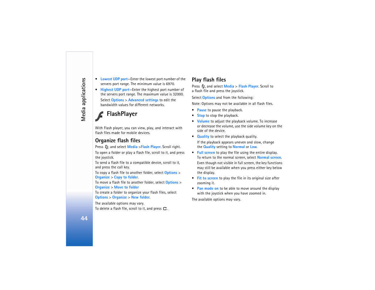Flashplayer, Organize flash files, Play flash files | Organize flash files play flash files, Me dia a ppli cations | Nokia N91 User Manual | Page 45 / 257
