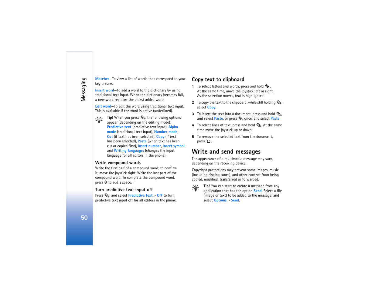 Copy text to clipboard, Write and send messages, Messaging | Nokia N91 User Manual | Page 51 / 257