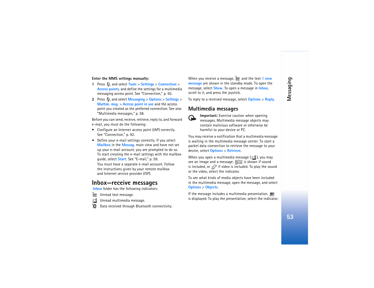 Inbox—receive messages, Multimedia messages, Messaging | Nokia N91 User Manual | Page 54 / 257