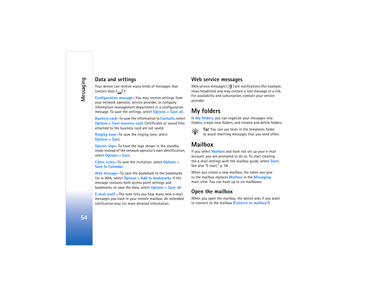 Data and settings, Web service messages, My folders | Mailbox, Open the mailbox, Data and settings web service messages, My folders mailbox, Data and settings,” p. 54, Messaging | Nokia N91 User Manual | Page 55 / 257