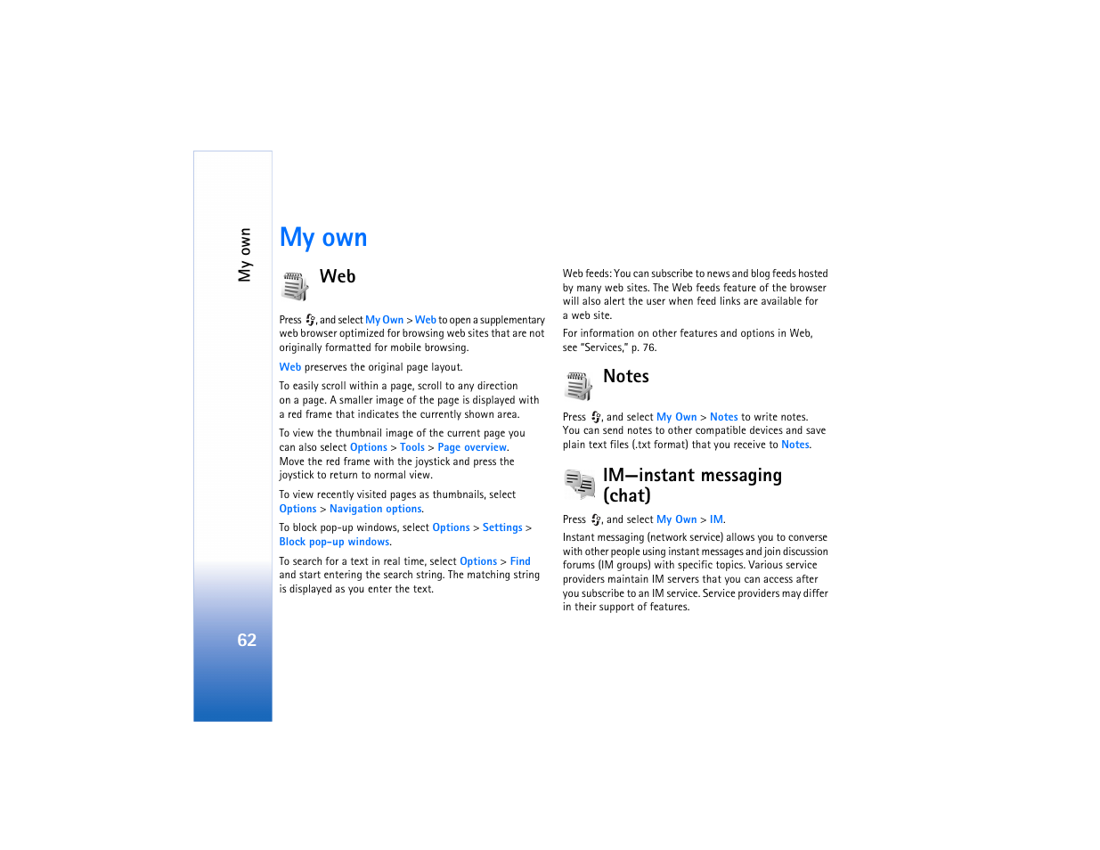 My own, Notes, Web notes im—instant messaging (chat) | Im—instant messaging (chat) | Nokia N91 User Manual | Page 63 / 257
