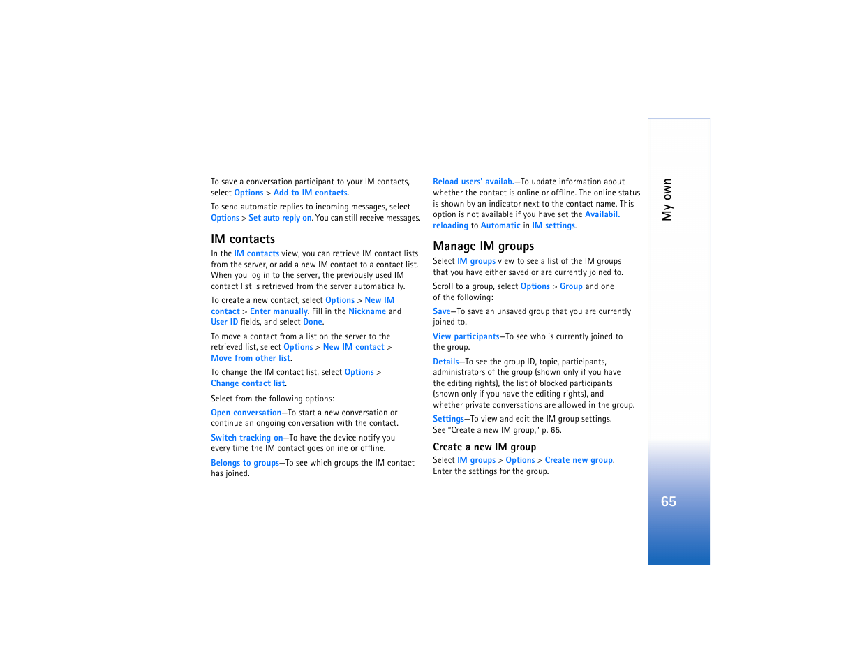 Im contacts, Manage im groups, Im contacts manage im groups | My own | Nokia N91 User Manual | Page 66 / 257