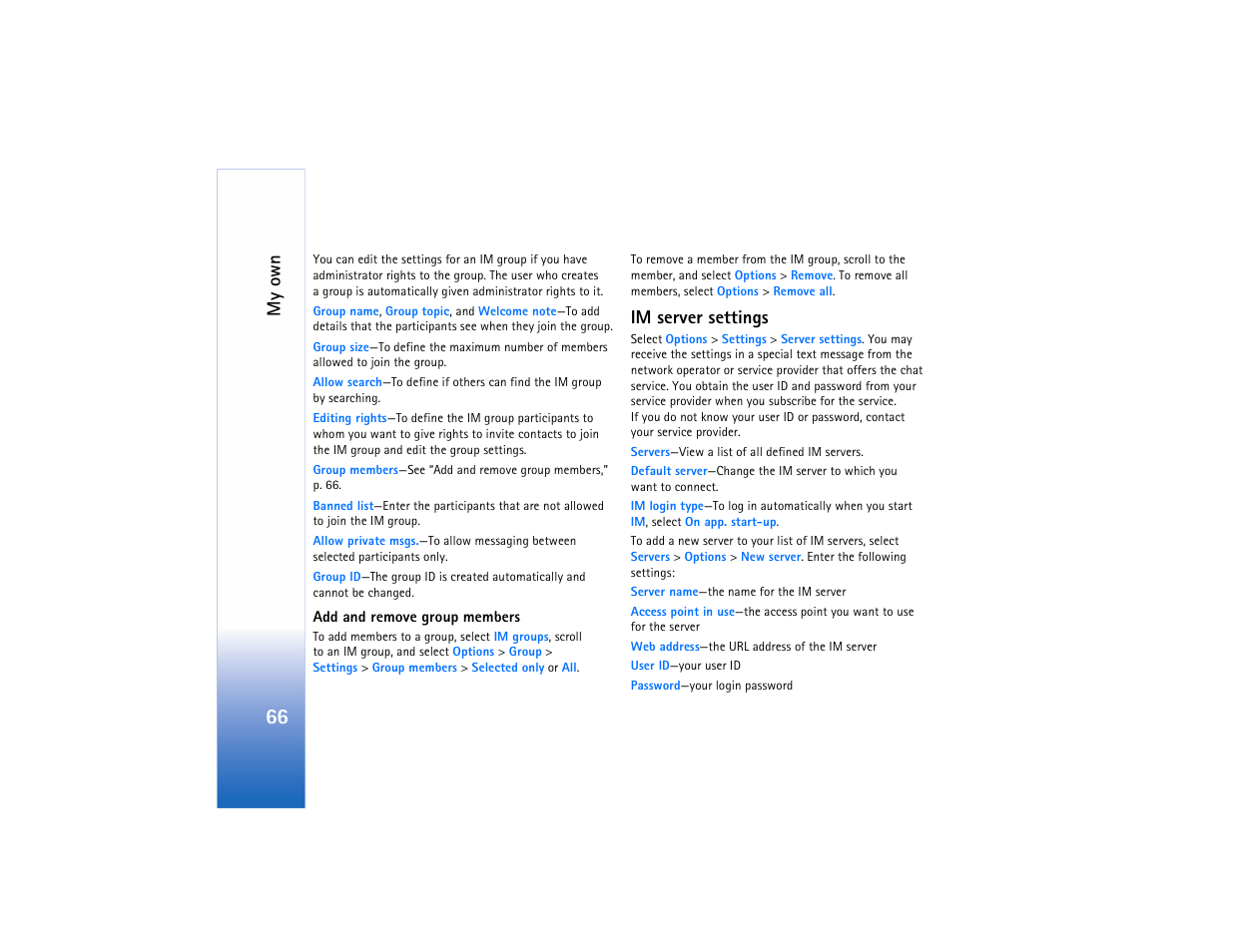 Im server settings, My own | Nokia N91 User Manual | Page 67 / 257