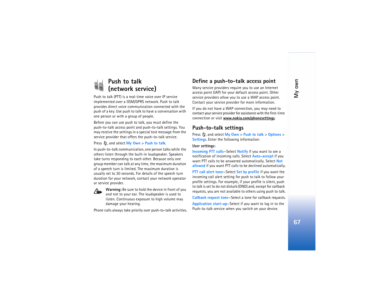 Push to talk, Define a pushtotalk access point, Pushtotalk settings | Push to talk (network service), 67 push to talk (network service), My own, Define a push-to-talk access point, Push-to-talk settings | Nokia N91 User Manual | Page 68 / 257