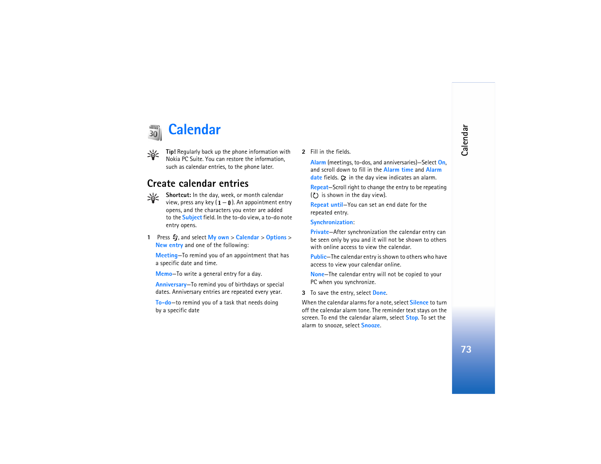 Calendar, Create calendar entries, Ca lendar | Nokia N91 User Manual | Page 74 / 257