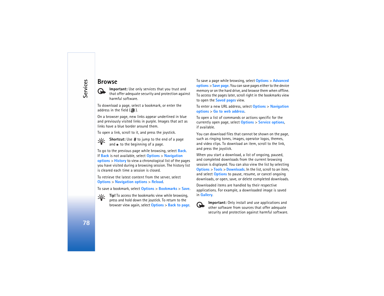 Browse, 78 browse, Se rvices | Nokia N91 User Manual | Page 79 / 257