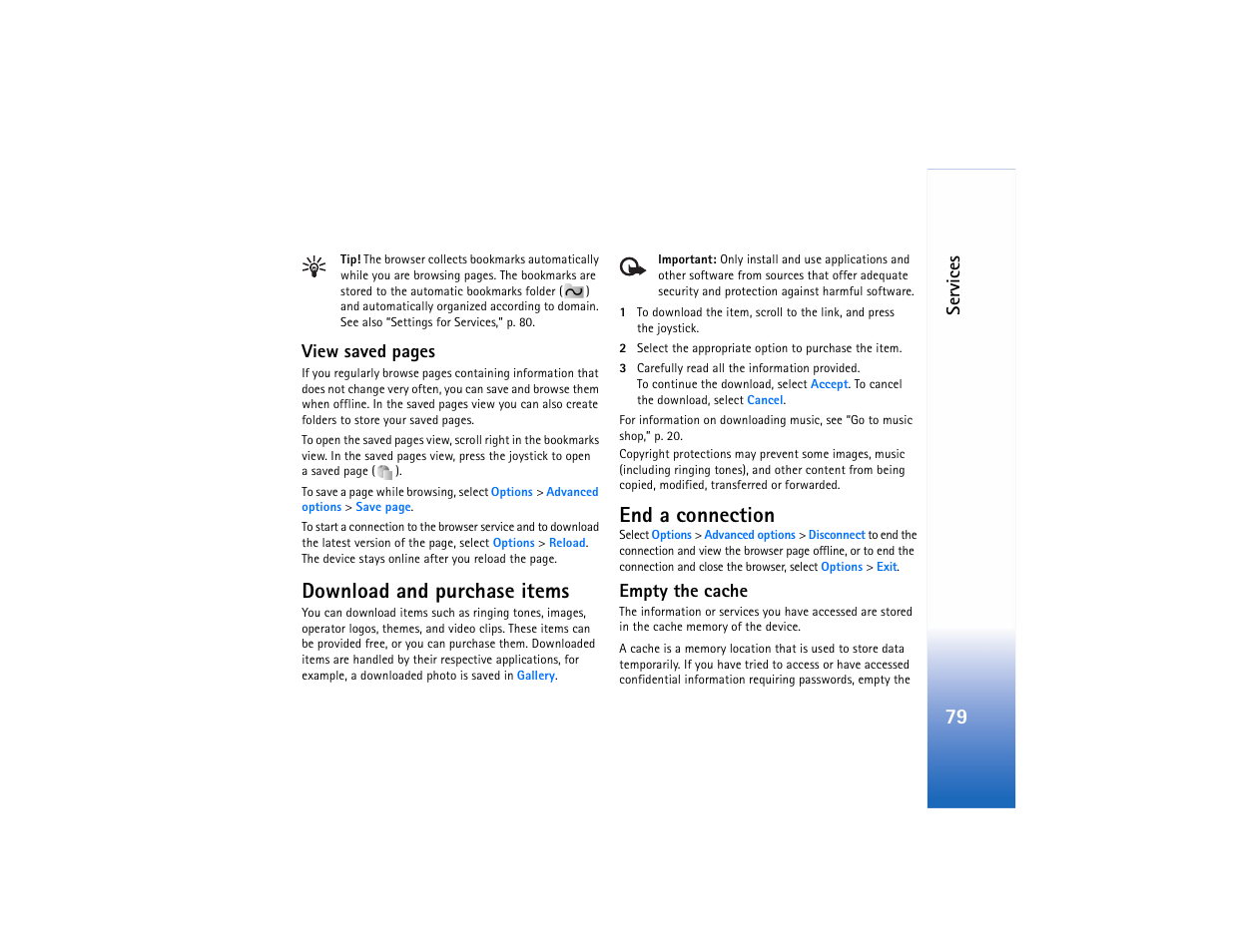 Download and purchase items, End a connection, Empty the cache | Download and purchase items end a connection | Nokia N91 User Manual | Page 80 / 257