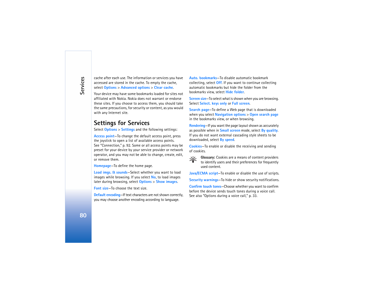 Settings for, Settings for services, Se rvices | Nokia N91 User Manual | Page 81 / 257