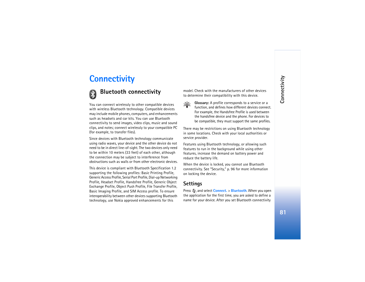 Connectivity, Bluetooth connectivity, Settings | Bluetooth connectivity,” p. 81 | Nokia N91 User Manual | Page 82 / 257