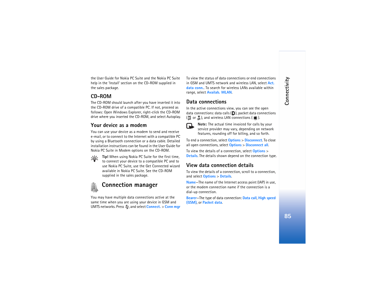 Cd-rom, Your device as a modem, Connection manager | Data connections, View data connection details, Cd-rom your device as a modem, Data connections view data connection details, Connection manager,” p. 85 | Nokia N91 User Manual | Page 86 / 257