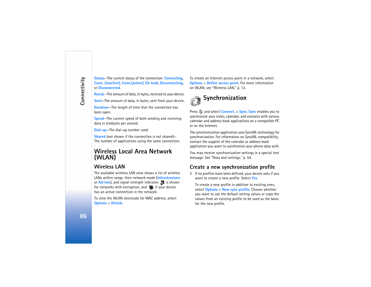 Wireless local area network (wlan), Wireless lan, Synchronization | Create a new synchronization profile, E “wireless local area network (wlan),” p. 86 | Nokia N91 User Manual | Page 87 / 257