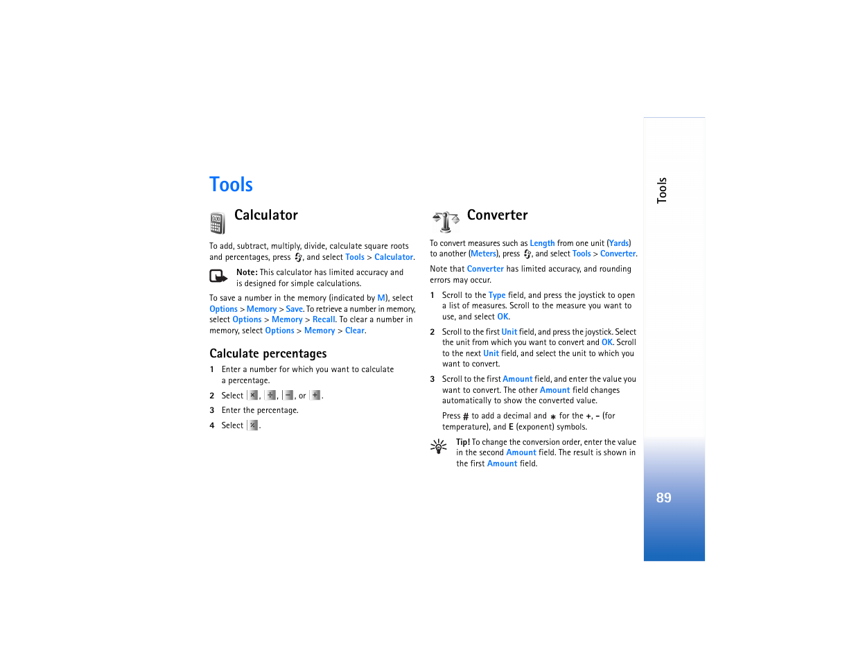 Tools, Calculator, Calculate percentages | Converter | Nokia N91 User Manual | Page 90 / 257