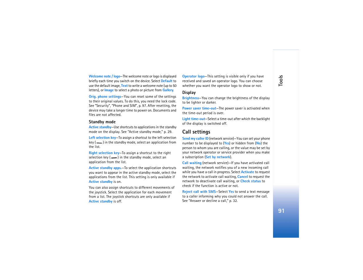 Call settings, Call settings,” p. 91, Tools | Nokia N91 User Manual | Page 92 / 257